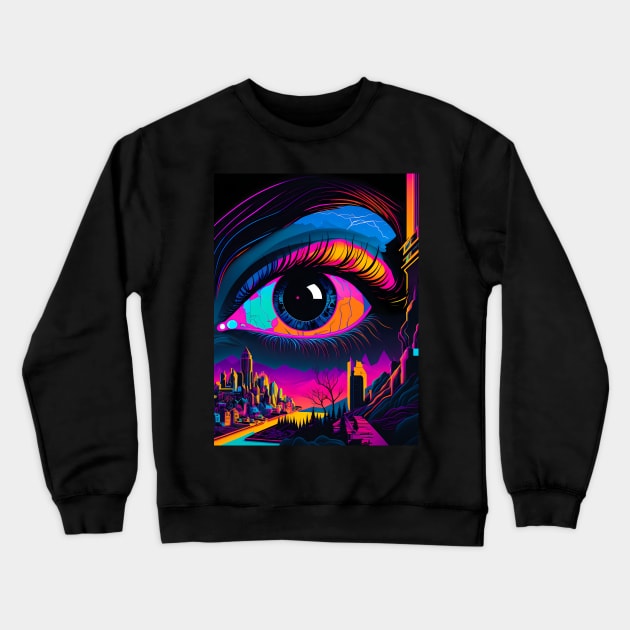 All Seeing Eye - Psychedelic Eye over a Colorful Cityscape Crewneck Sweatshirt by Hermetic Hypersystems